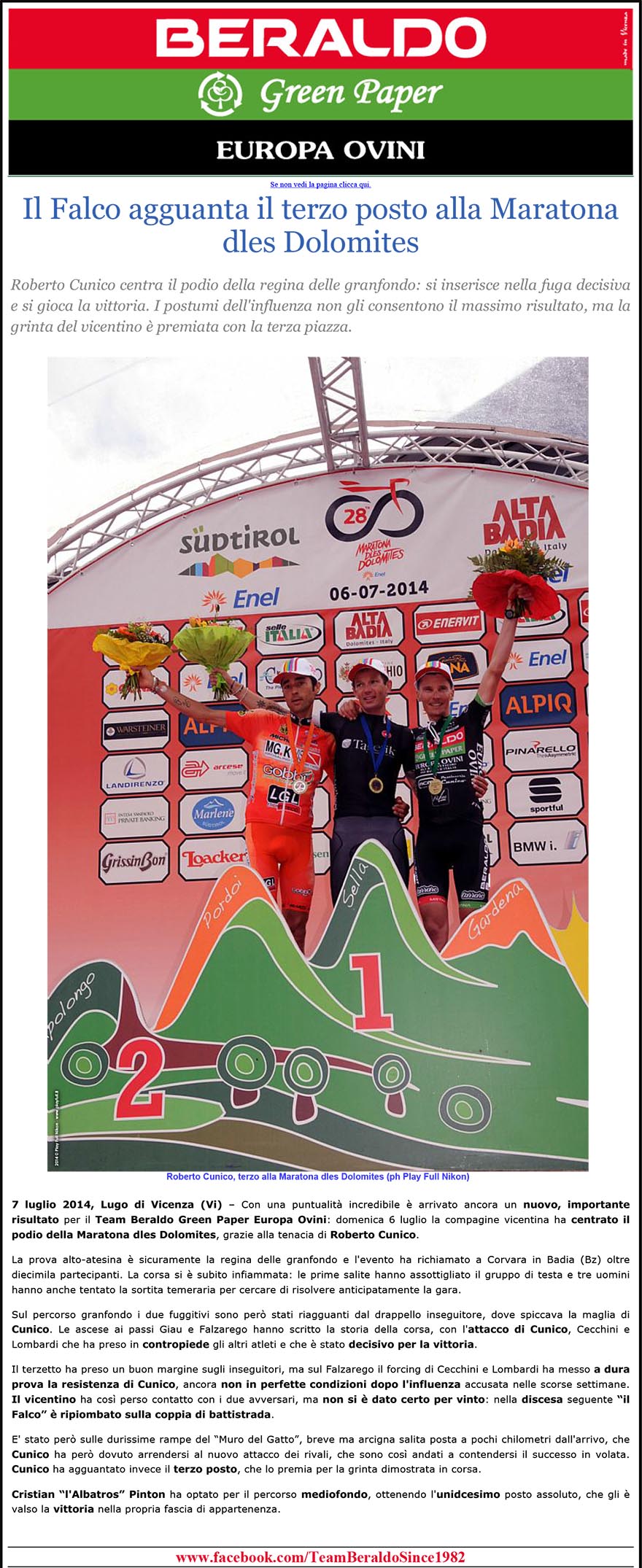 beraldo-NEWS Roberto Cunico VINCE LA Maratona dles Dolomites